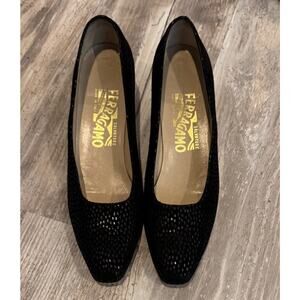 Salvatore Ferragamo Women's 7 AAAA Black Suede Printed Kitten Heel
